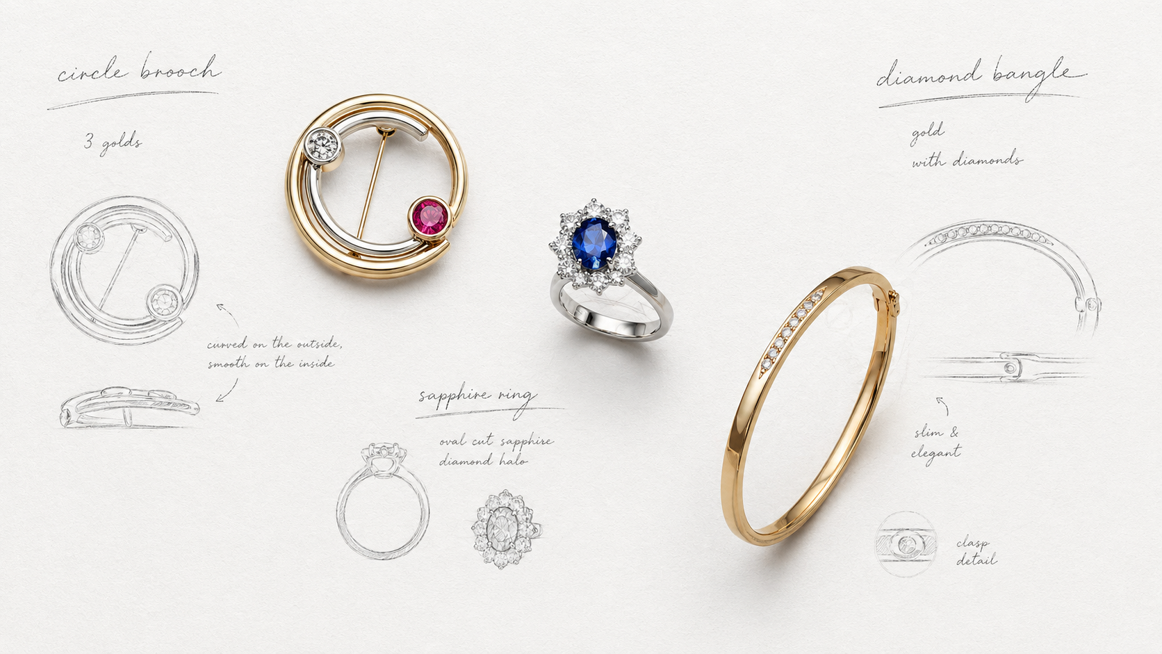 Schetsen van een gouden broche, saffieren ring en diamanten armband voor maatwerk bij Oostwegel Goudsmid in Heerlen