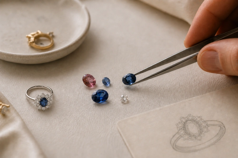 Edelstenen uit bestaande sieraden worden geselecteerd voor hergebruik in een nieuw ontwerp