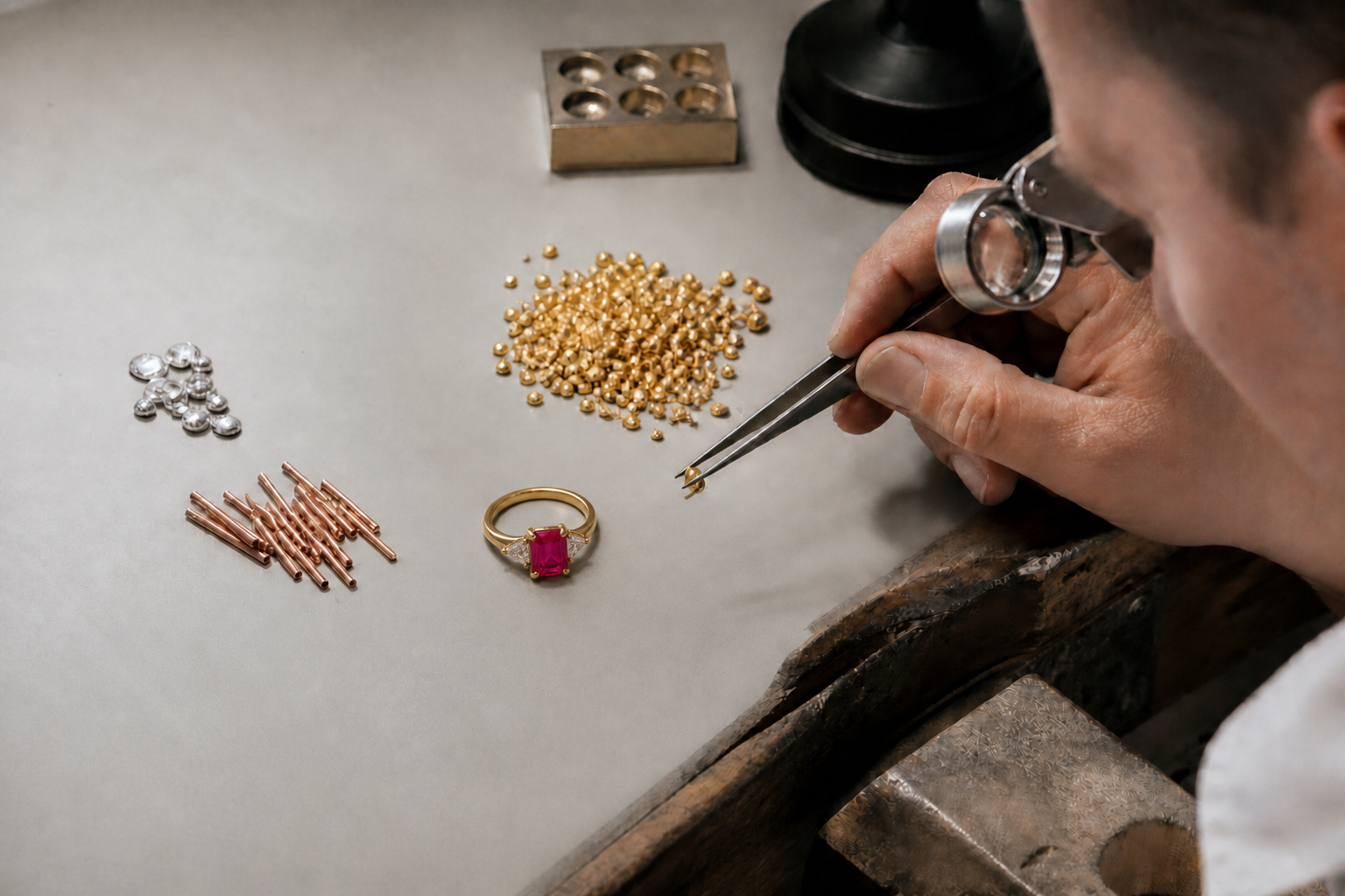 Goudsmid beoordeelt goud en zilver op kleur, kwaliteit en geschiktheid voor een nieuw sieraad
